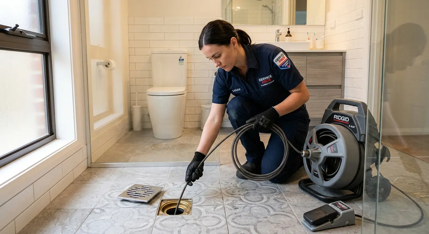 Technician clearing a bathroom floor drain for Hydro Jetting in South Sioux City